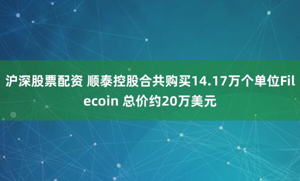 沪深股票配资 顺泰控股合共购买14.17万个单位Filecoin 总价约20万美元